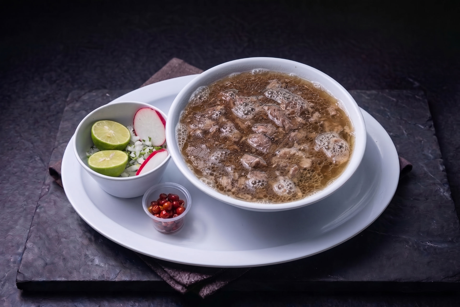 Cabeza de res en caldo servida con limón, rábano, cebolla y chile