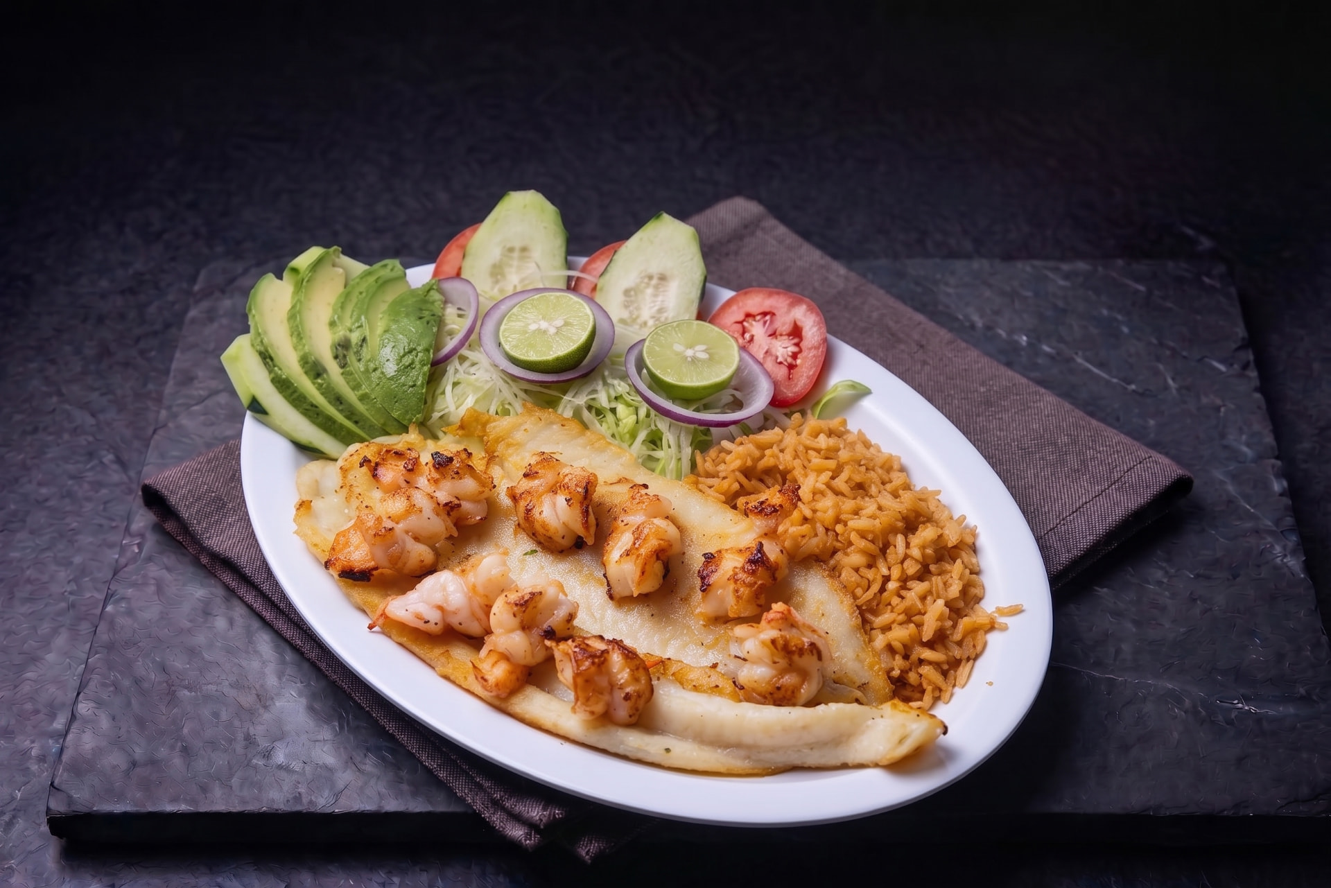 Filete de pescado con camarones acompañado de arroz, ensalada y aguacate